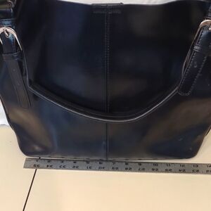 CO LAB BLACK LEATHER SHOULDER BAG 11" TALL X  13" LONG X 5" WIDE